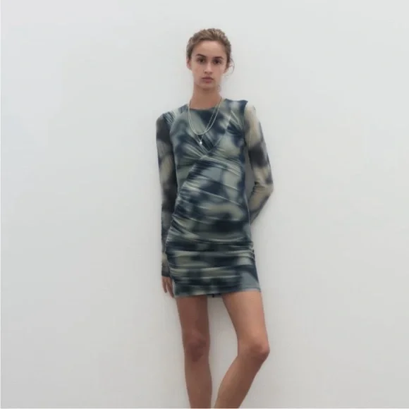 Zara | Dresses | New With Tags Zara Printed Tulle Long Sleeve Bodycon Dress  Blue Size Xxl | Poshmark